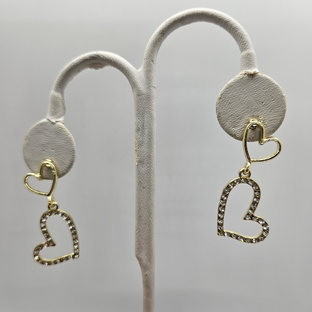 I'LL TRY TO RESTOCK Double Heart Drop Rhinestone Earrings Gold Tone S925 - Picture 8 of 13